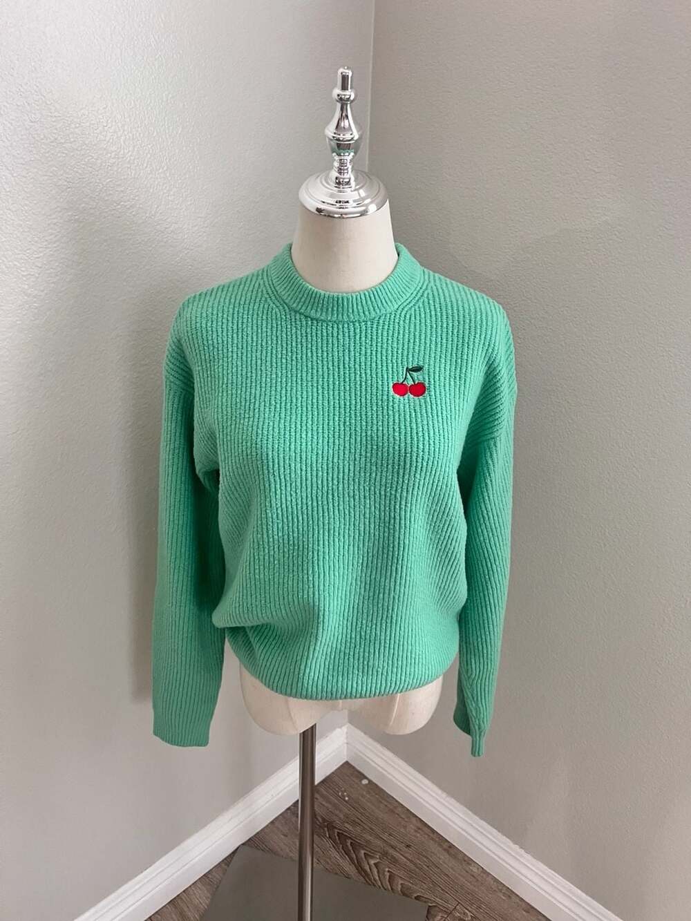 A New Day Cherry Embroidered Sweater Size S Green